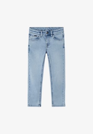 Jeans in denim blu chiaro con vestibilità slim, design classico a cinque tasche e dettagli cuciti sulle cuciture. Presentano una chiusura con zip e bottone.