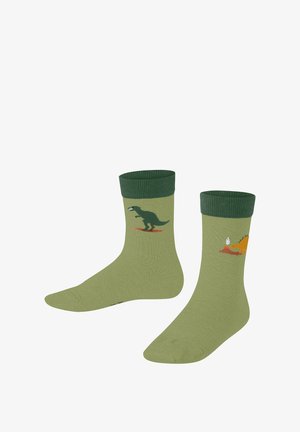 Chaussettes vertes avec un Tyrannosaure rex sur une chaussette et un dinosaure dessiné avec un petit volcan sur l'autre.