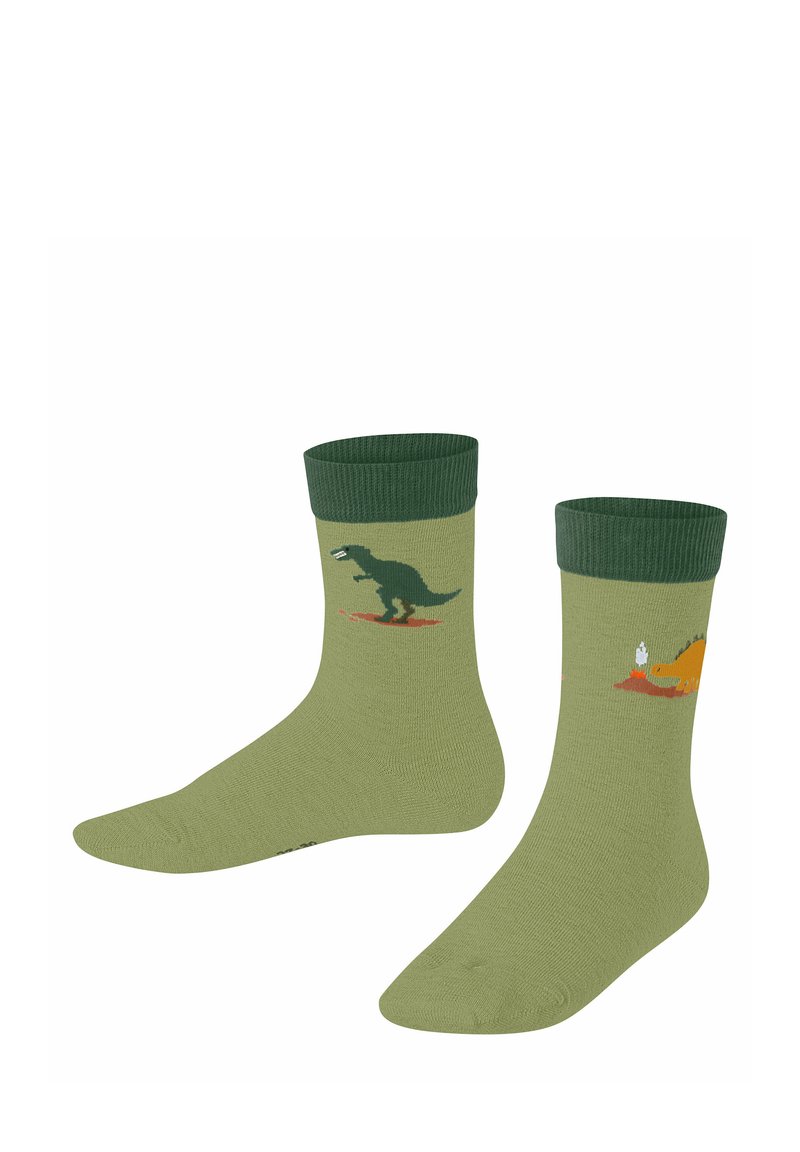 Grüne Socken mit einem Tyrannosaurus rex auf einer Socke und einem Cartoon-Dinosaurier mit einem kleinen Vulkan auf der anderen.