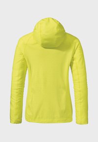 Helle gelbe Kapuzenjacke mit langen Ärmeln, strukturiertem Stoff und sichtbaren Nähten auf dem Rücken und den Ärmeln.