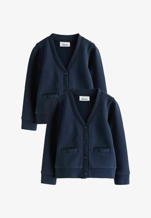 Twee marineblauwe cardigans met knopen, V-hals, lange mouwen en voorkanten zakken met kleine strikjes, gelabeld Clarks.