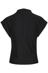 Haut noir avec des manches courtes, un col montant et une fermeture éclair au dos. Texture lisse et silhouette ajustée.