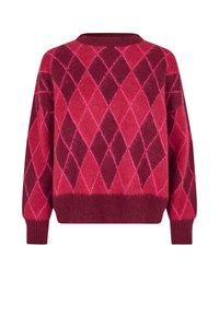 Sweter z długim rękawem, wykonany z dzianiny, z czerwonym i ciemnoróżowym wzorem w romby argyle oraz ściągaczami na mankietach i dole, widoczny od tyłu.