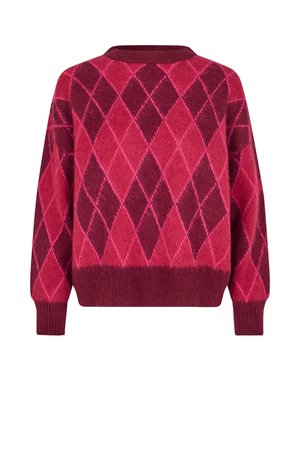 Μακρυμάνικο πλεκτό πουλόβερ με κόκκινο και σκούρο ροζ μοτίβο ρόμβου argyle και ριμπ μανσέτες και τελείωμα, εμφανιζόμενο από πίσω.