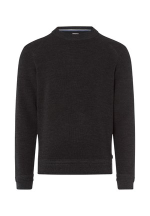 Sweatshirt noir à col rond en texture côtelée avec des manches longues, un ourlet ajusté et un subtil accent bleu à l'intérieur du col.