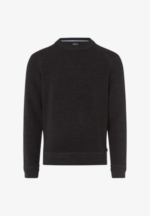 Sweatshirt noir à col rond en texture côtelée avec des manches longues, un ourlet ajusté et un subtil accent bleu à l'intérieur du col.