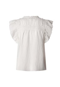 Weiße ärmellose Bluse mit Rüschen an den Schultern, gerafftem Detail am Hals und lockerer Passform. Hergestellt aus leichtem, strukturiertem Stoff.