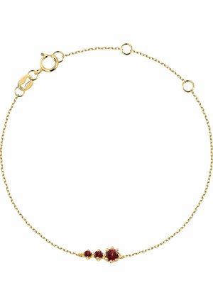 Gold chain bracelet featuring three red gemstones set in gold prongs, with a secure lobster clasp and fine, delicate links.