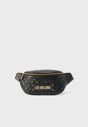 Black quilted leather waist bag with gold zipper and "LOVE MOSCHINO" gold plaque on front.