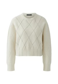 Gebreide trui in roomkleur met ruitpatroon en gestructureerde ribbels, voorzien van een ronde hals en lange mouwen.