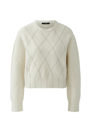 Cremefarbener Strickpullover mit Rautenmuster und strukturiertem Rippenmuster, ausgestattet mit rundem Ausschnitt und langen Ärmeln.