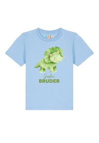 Light blue cotton t-shirt featuring a green cartoon triceratops design with spikes and text "Großer Bruder" in bold green letters.