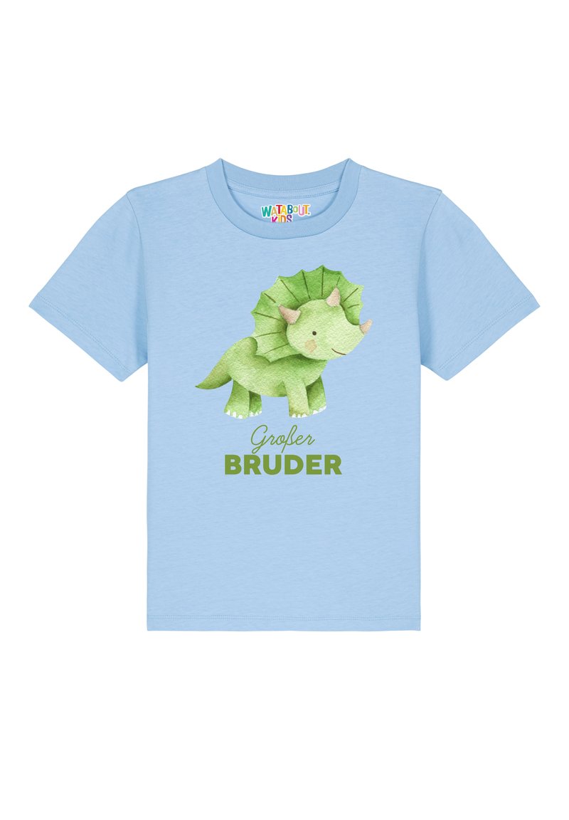 Light blue cotton t-shirt featuring a green cartoon triceratops design with spikes and text "Großer Bruder" in bold green letters.