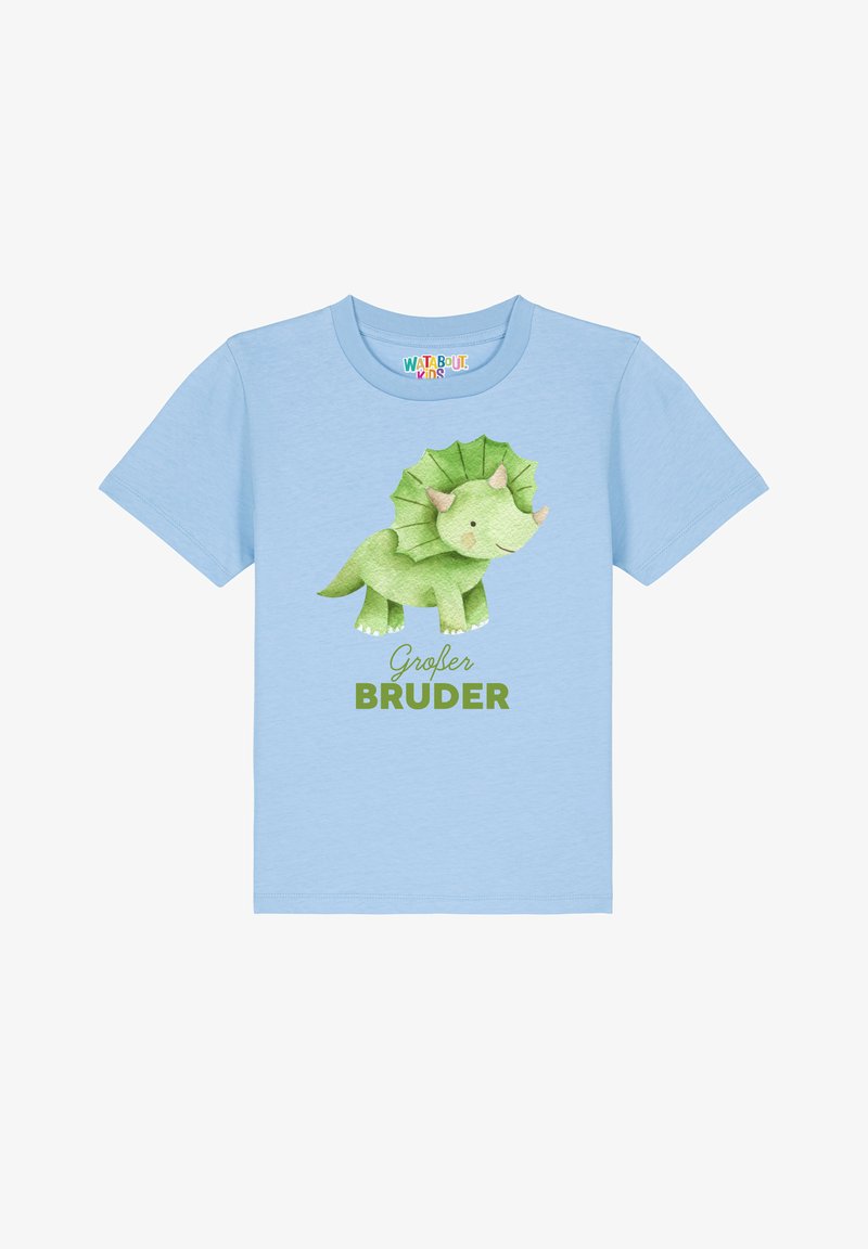Light blue cotton t-shirt featuring a green cartoon triceratops design with spikes and text "Großer Bruder" in bold green letters.