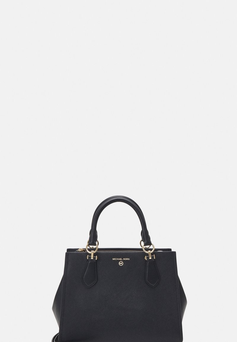 Sac à main en cuir noir Michael Kors avec double poignée supérieure, ferrures dorées et détail du logo centré sous la fermeture éclair du haut.