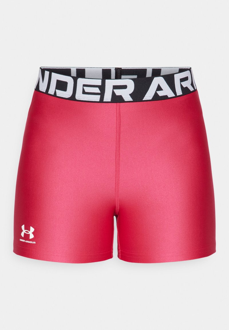 Rote Sportshorts aus glattem Material, enganliegendem Design und breitem schwarzen Bund mit der Aufschrift "UNDER ARMOUR" in weißen Buchstaben.