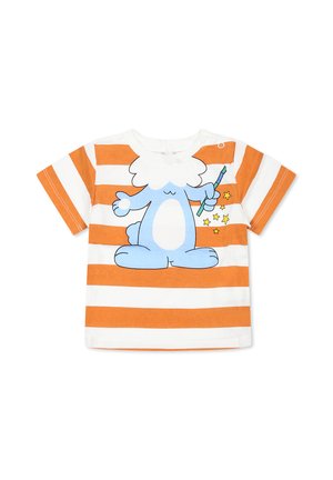 Pasiaste T-shirt w pomarańczowych i białych kolorach, z niebieską postacią trzymającą różdżkę, zaprojektowany dla dzieci, wykonany z miękkiego materiału.