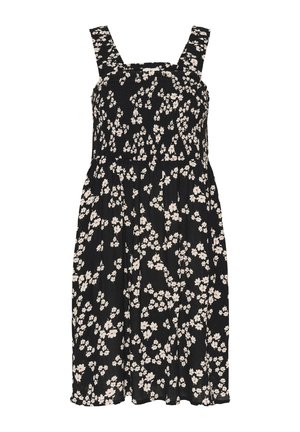 Črna cvetna obleka z belimi in rdečimi cvetovi, kvadratnim izrezom in širokimi trakovi. Tkanina je rahlo teksturirana in nabrana v pasu.