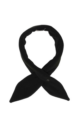 Black fleece scarf twisted into a loop with pointed ends, shown on a white background.