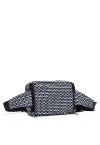 Black fabric waist bag with geometric white pattern, featuring a zippered compartment and adjustable black strap for secure wear.