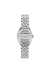 Orologio da polso in metallo argentato con bracciale a maglie, cassa rotonda e quadrante minimalista. Presenta una finitura liscia e nessun indicatore o decorazione visibile.