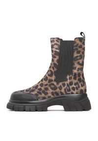 Stivaletti alla caviglia a stampa leopardata con pannelli laterali elastici, suole in gomma nera, punte arrotondate e finitura testurizzata. Design durevole e ammortizzato.