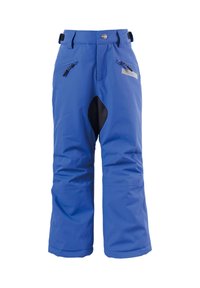 Blauw waterdichte sneeuwbroeken met verstevigde zwarte kniestukken, verstelbare tailleband en ritszakken aan de voorkant. Glad textuur en een relaxte pasvorm.