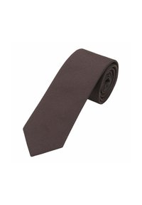 Braune Krawatte, glatte Textur, schlankes Design, sich verjüngendes Ende, einfarbig ohne Muster, zum Ausstellen aufgerollt. Geeignet für formelle Anlässe.