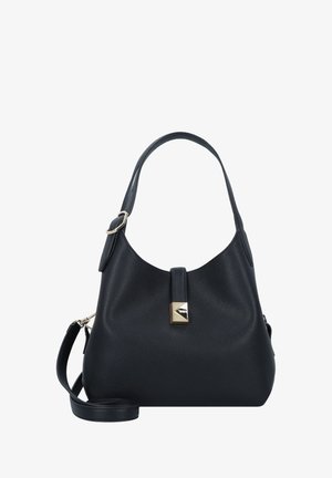 Melnā ādas rokassoma ar tekstūru, izliekta forma, augšējais rokturis un noņemama plecu siksna. Iekļautas zelta toņu detaļas.