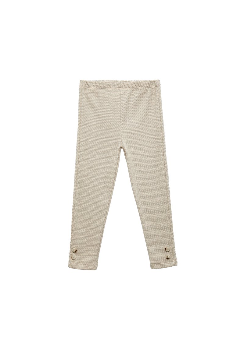 Beige leggings i strukturerad tyg med ett subtilt fiskbensmönster. Har en elastisk midja och dekorativa knappar vid muddarna.