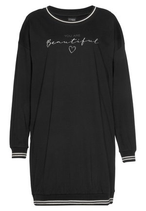 Schwarzes Sweatshirtkleid mit langen Ärmeln und elastischen Bündchen. Hat einen weißen Schriftzug "DU BIST schön" mit einem Herz-Icon.