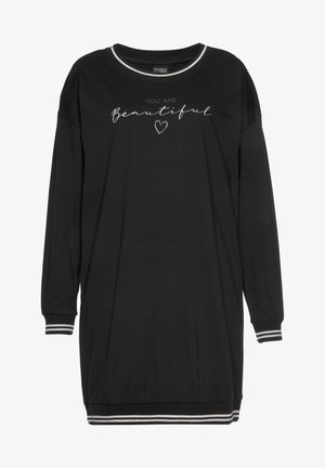 Schwarzes Sweatshirtkleid mit langen Ärmeln und elastischen Bündchen. Hat einen weißen Schriftzug "DU BIST schön" mit einem Herz-Icon.