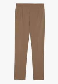 Pantalones marrones ajustados con una textura suave, que cuentan con una cintura elástica, dos bolsillos frontales y un diseño ceñido.