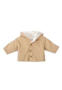 Chaqueta de bebé de punto beige con capucha, botones de madera en la parte frontal y forro interior blanco, presentada sobre un fondo blanco.