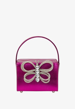 Pink metallic handbag with a structured shape, featuring a butterfly design made of clear gemstones and metallic accents. Short handle.