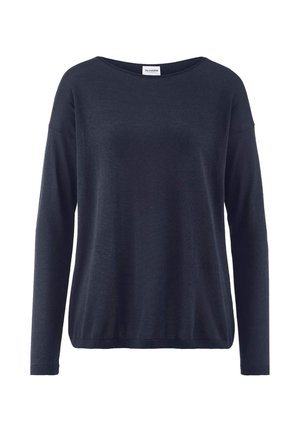 Dunkel marineblauer Strickpullover mit langen Ärmeln, Rundhalsausschnitt und leicht lockerem Sitz.