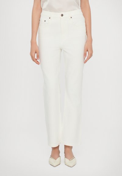 White denim straight-leg pants with a high waist, five pockets, and a button closure, featuring a clean, smooth texture and slight stretch.