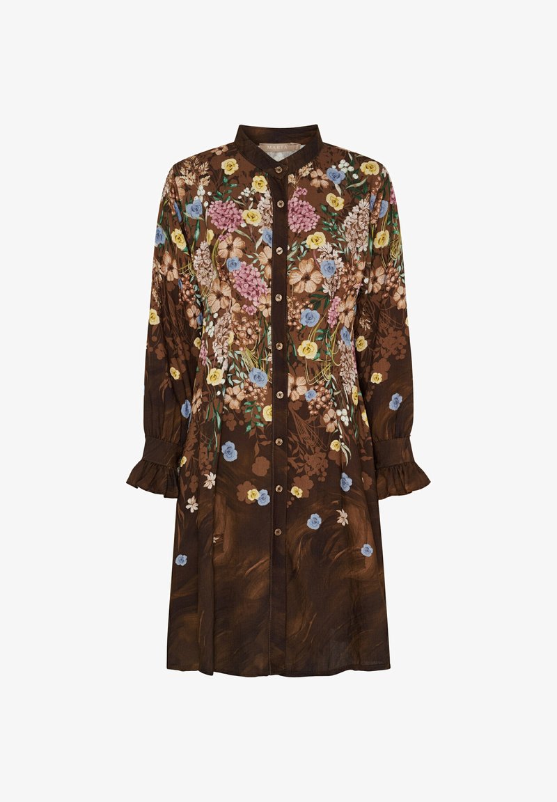 Brun floral kjole med knaplukning fortil, bølgede ærmer og farverige blomstermønstre i pink, gul og blå. Struktureret stof.