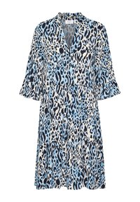 Klänning med leopardmönster i blått och svart, med V-ringning, svängda ärmar och en lager-på-lager kjol, tillverkad av lättviktsmaterial.