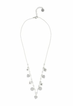 Collana con ciondoli in argento a forma di cuori, stelle, trifoglio e pendenti rotondi, su una catena delicata con chiusura regolabile.