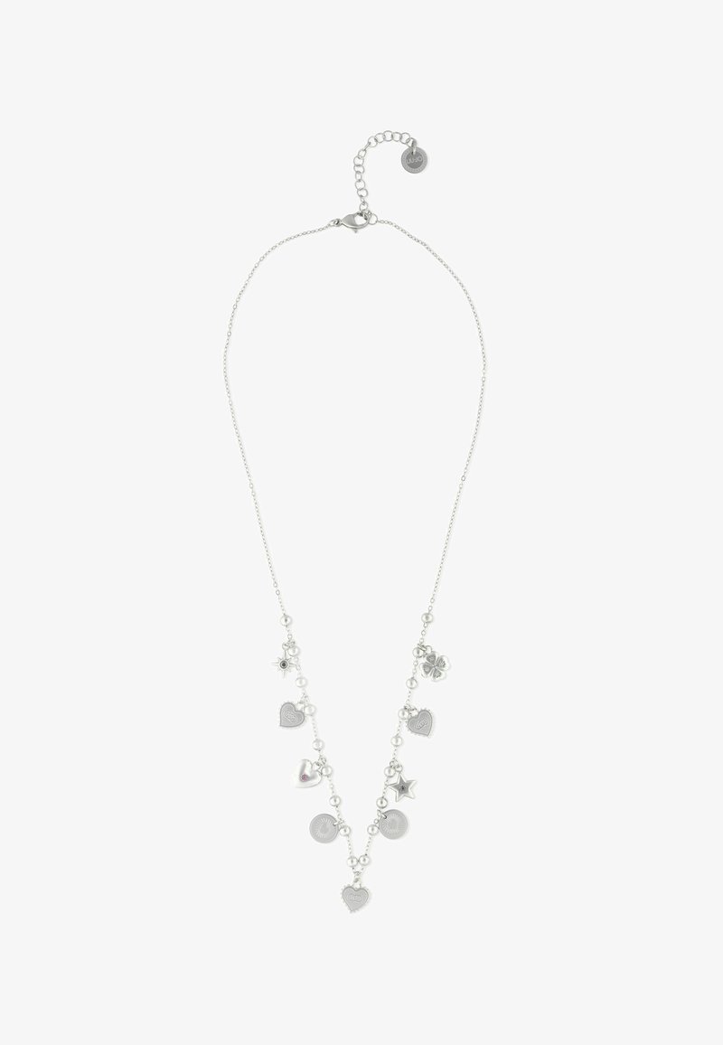 Collier en argent avec des pendentifs en forme de cœurs, d'étoiles, de trèfle et de ronds sur une chaîne délicate avec fermoir ajustable.