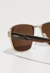 Sunglasses med guldmetallram, bruna linser och en mörk sköldpaddsbygel. Har "CARRERA" logotyp på sidan.