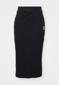 Schwarzer, hoch taillierter, gerippter Midirock mit Puma-Logo an der rechten Hüfte, entworfen für eine schlanke Passform und eine gerade Silhouette.
