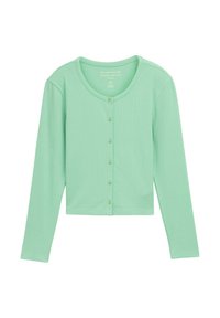 Top a maniche lunghe tagliato in verde menta, con texture a coste, scollo rotondo e chiusura frontale con bottoni. Tessuto morbido e leggero.