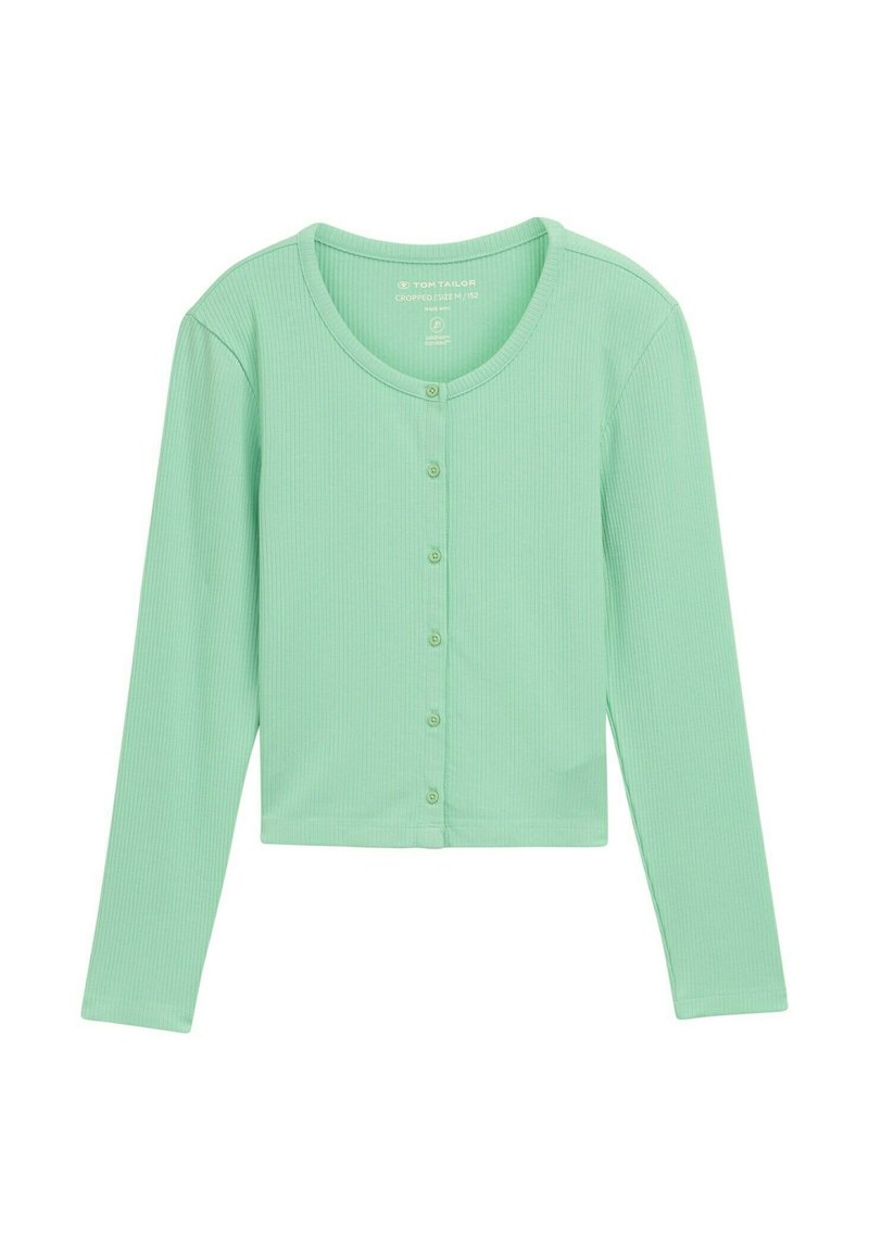 Top a maniche lunghe tagliato in verde menta, con texture a coste, scollo rotondo e chiusura frontale con bottoni. Tessuto morbido e leggero.