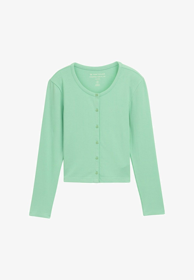 Skrócony top z długim rękawem w kolorze miętowym, o prążkowanej strukturze, okrągłym dekolcie i zapięciu na guziki z przodu. Miękka, lekka tkanina.