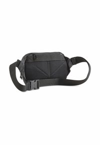 Black fabric waist bag with a textured mesh panel, adjustable strap, secured zipper, and buckle closure; compact, rectangular design.