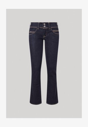 Weite, dunkelblaue Jeans aus Denim mit mittelhohem Bund, zwei Vorderentaschen und kontrastierendem gelbem Nähen. Mit einem Zwei-Knopf-Verschluss.