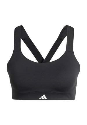 Czarny stanik sportowy z szerokimi ramiączkami, krzyżowanym tyłem, gładką fakturą i małym białym logo z przodu.