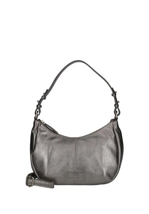 Borsa a tracolla in pelle grigio metallizzato scuro con tracolla regolabile e chiusura con cerniera, dal design a mezzaluna morbida.